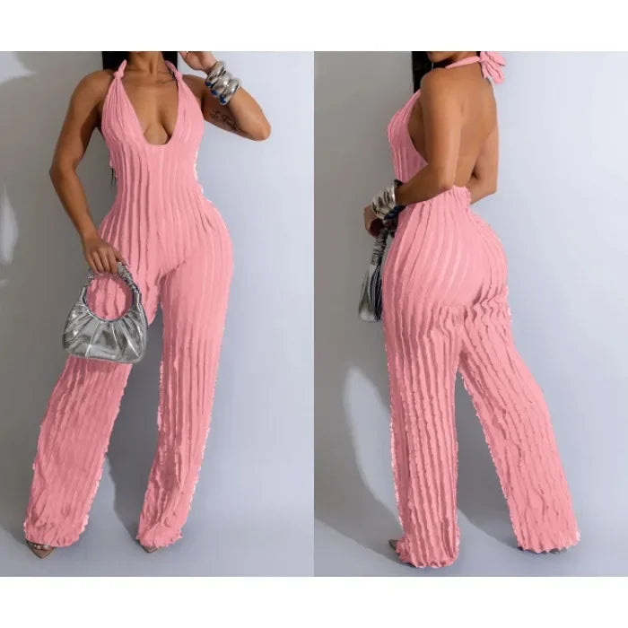 Elegant Jumpsuit for Women Streetwear Fashion Solid Backless Deep V-neck Sleeveless Conjoined Body Pants Y2k Summer 2025 New