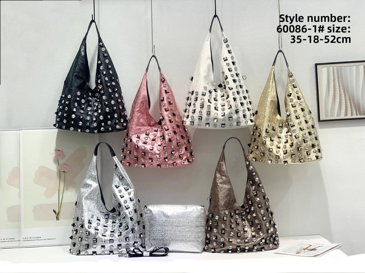 New Women's Diamond Handbag Luxury Brand Fashion Diamond Women's Shoulder Bag Large Capacity Shiny 2-piece Set Women's Bag