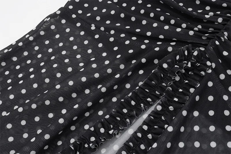 Cryptographic Summer Boho Polka Dot Split Ruched Dress Holiday Outfits for Women Sexy V Neck Backless Slip Mesh Dresses Clothes