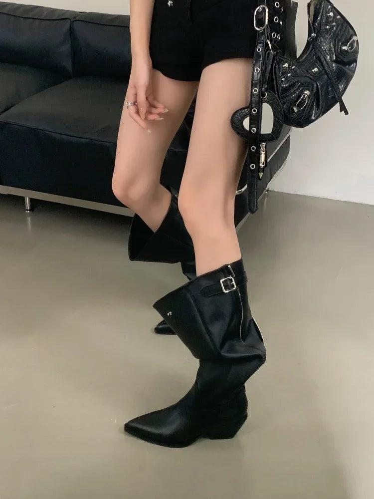 Belt Buckle Knee High Boots