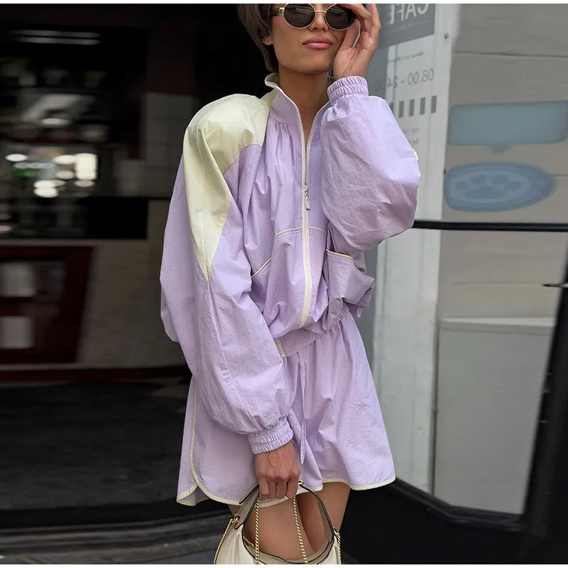Contrast Half-Zip Stand Collar Short Jacket for Women