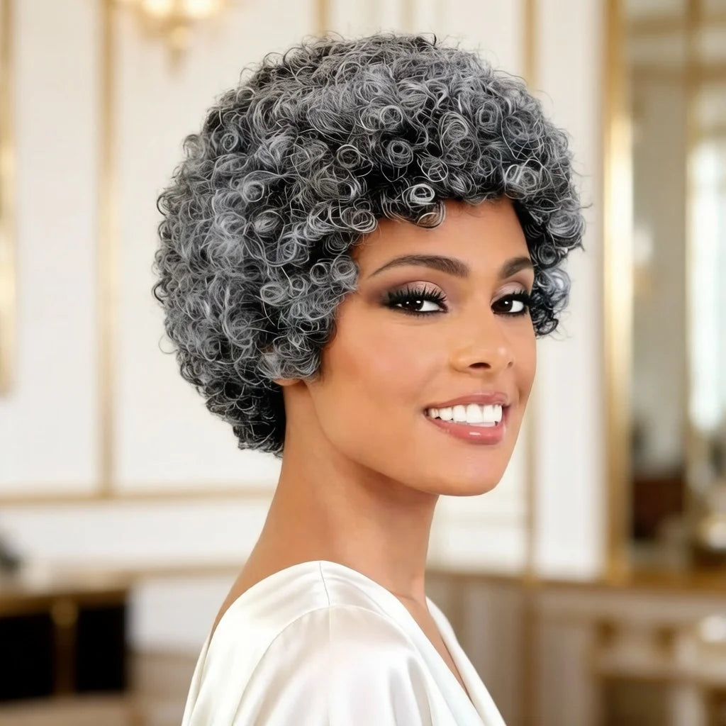 Grey Human Hair Wig for Women Short Curly Bangs Wig Mom/Grandmother Daily Use 6 Inch Bouncy Curly Wigs Full Machine Made Wigs