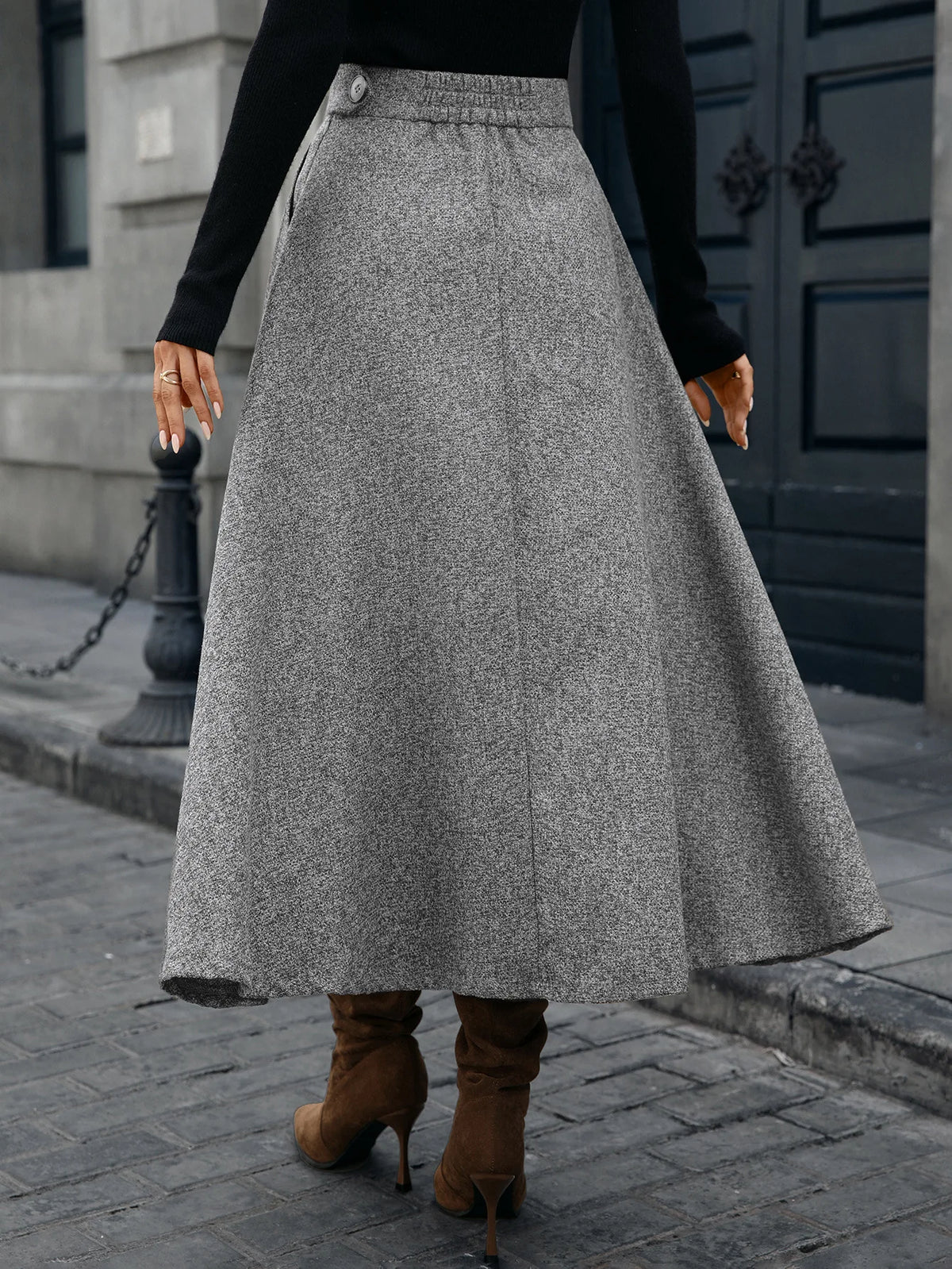 Tweed Ankle-Length A-Line Skirt with Elastic Waist for Women