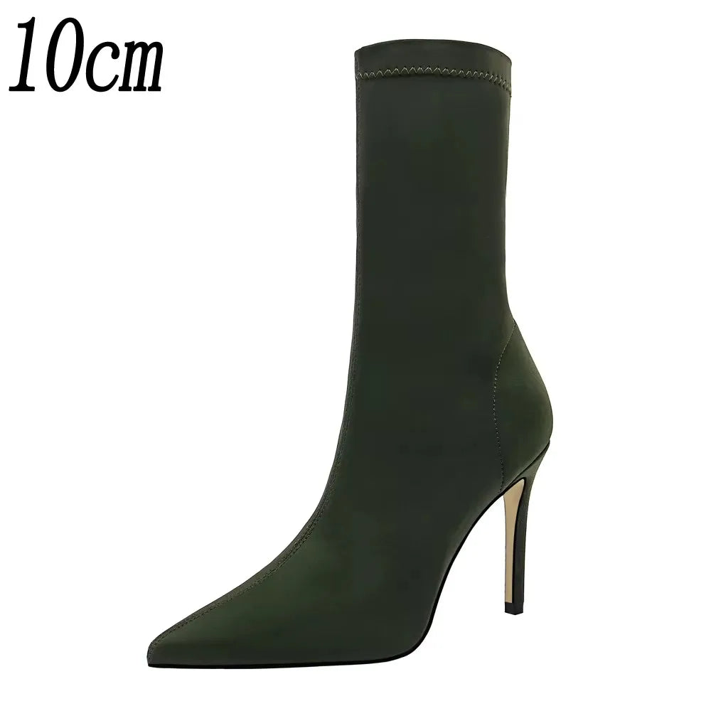 Pointed Toe Elastic High Heel Ankle Boots for Women