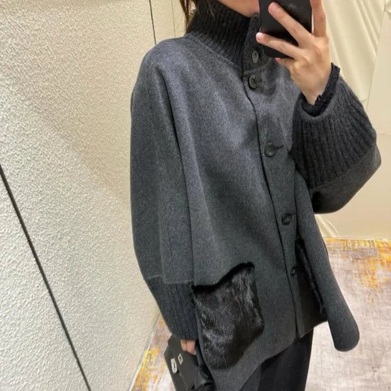 Loose Knit Fur Standup Collar Long Sleeve Pocket Cardigan for Women