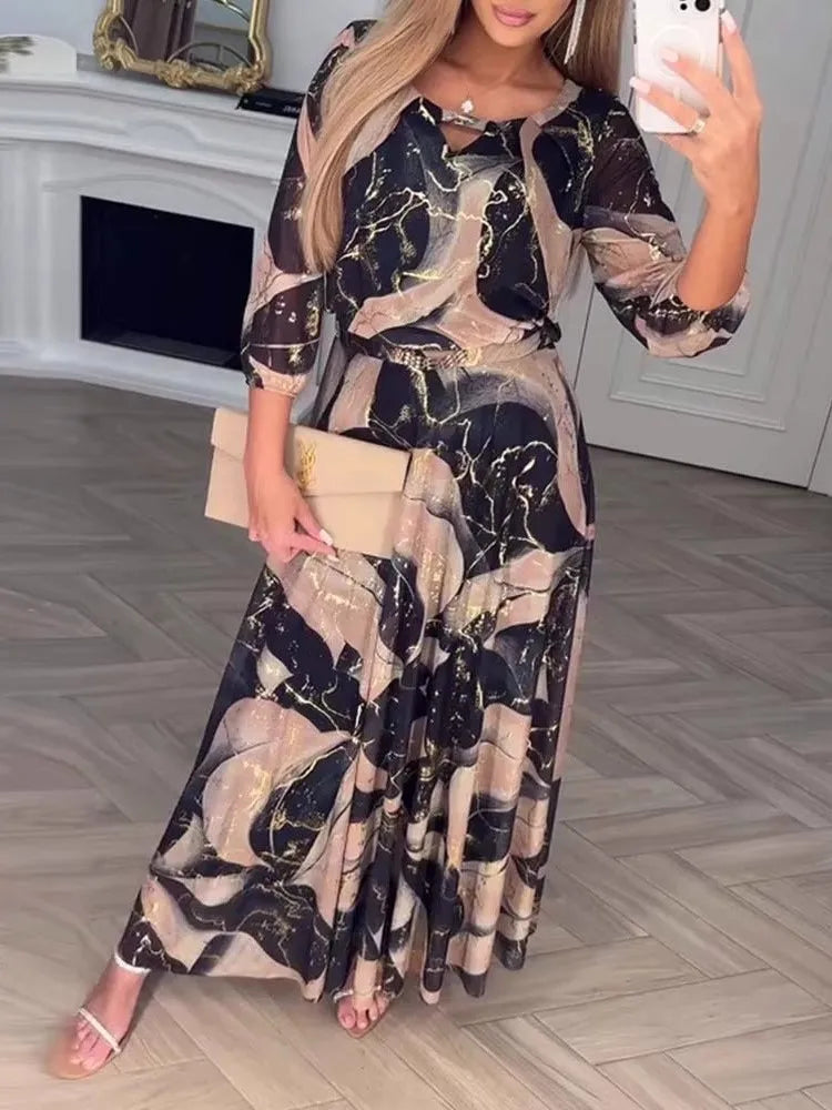 Elegant Cinched Waist Printed Long Dress for Women
