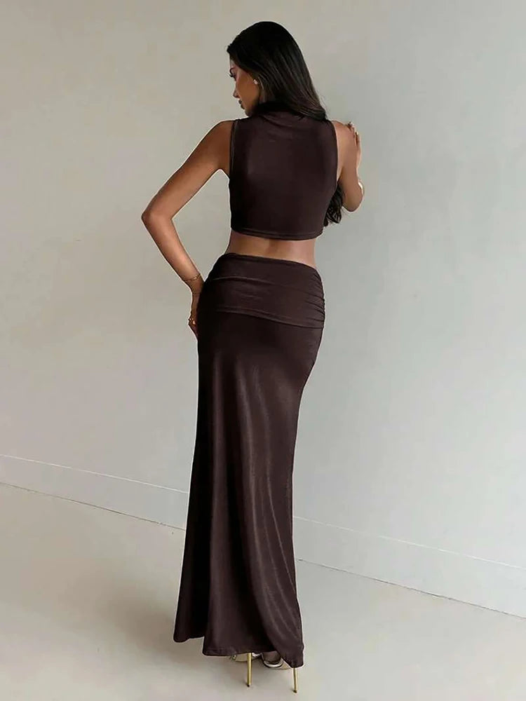 Nibber Prom Party 2 Piece Set Women Sexy Bead Patchwork Turtleneck Tank Top+Ruched Mesh Hem Skirts Chic Elegant Banquet Clubwear
