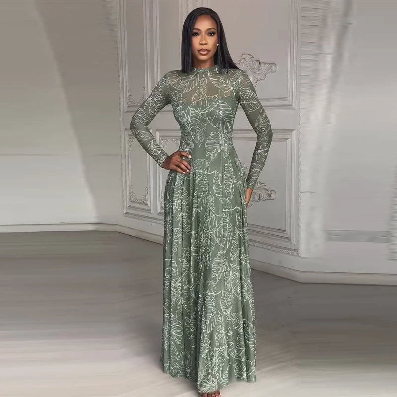 Beach Print Pleated Long Sleeve Maxi Dress for Women