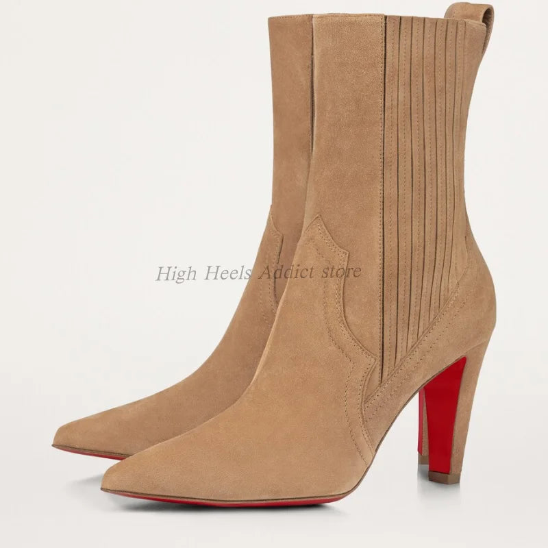 Side Zip Suede Pointy Toe Square Heel Ankle Boots For Women