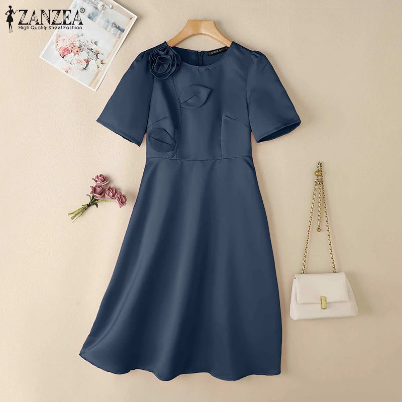 Satin Floral Applique Midi Dress