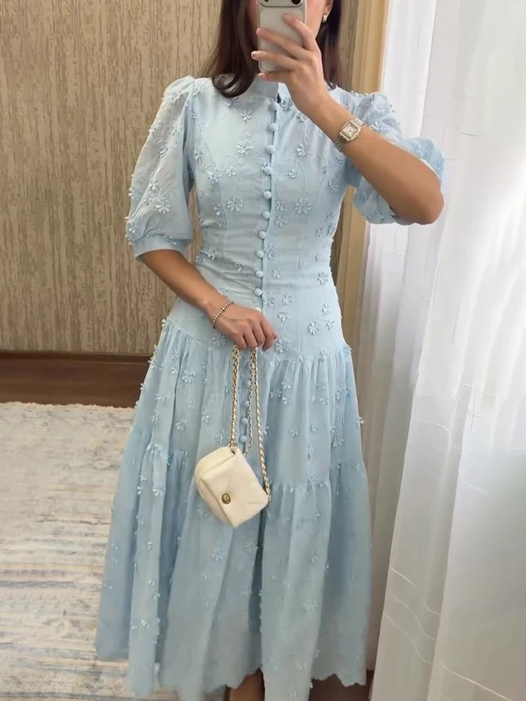 Floral Puff Sleeve Empire Waist Long Dress for Women