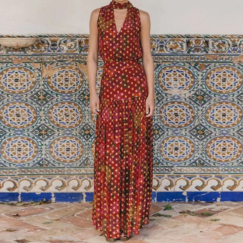 Bohemian Print Two Piece Top and Maxi Skirt Set for Women