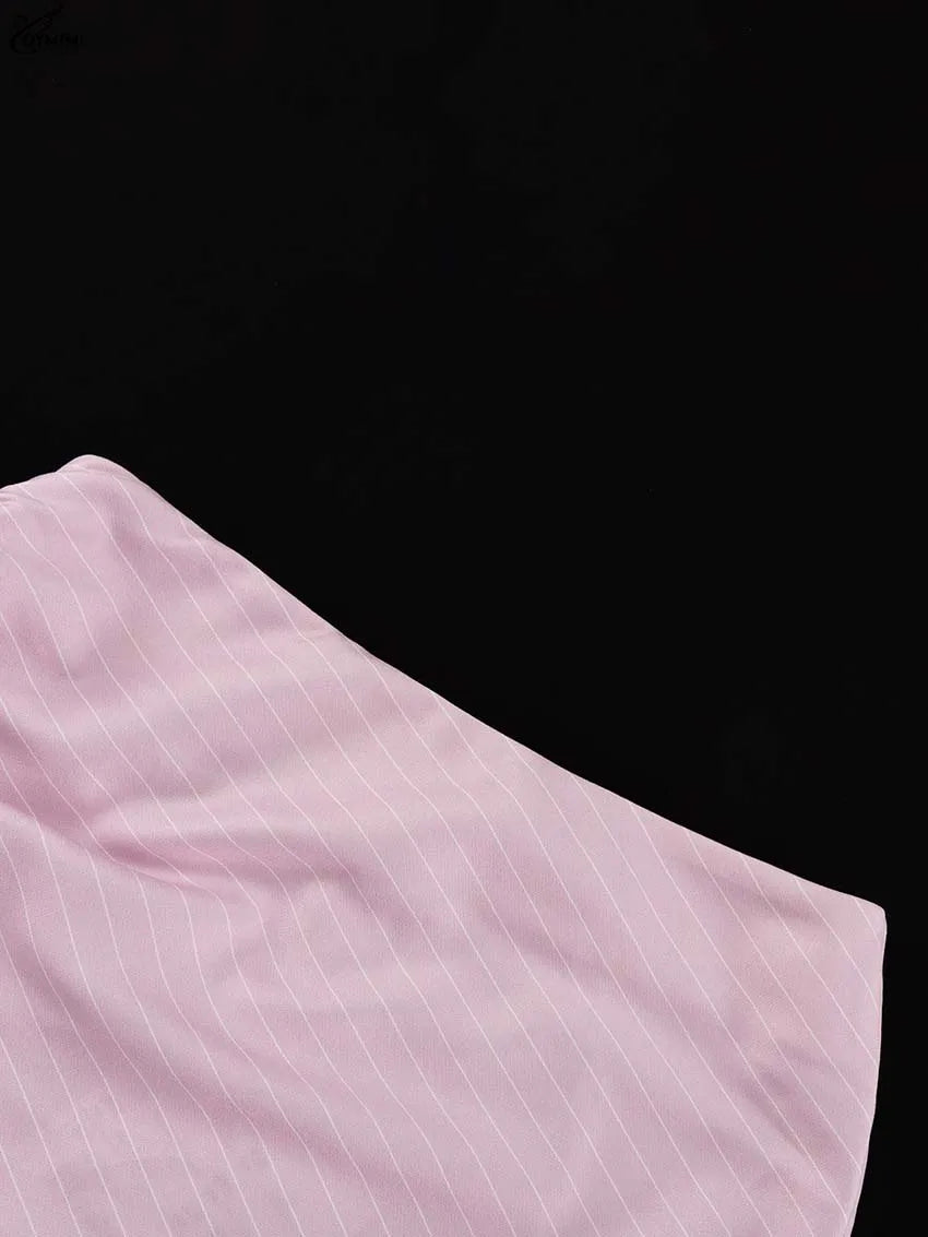 Oymimi Casual Pink 2 Piece Sets Woman Outfits Fashion V-Neck Lace-Up Long Sleeve Blouses And High Waist Slim Mini Skirts Sets