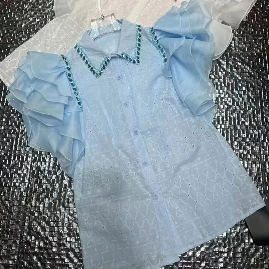Diamond Stitch Jacquard Cotton Blouse With Ruffles for Women