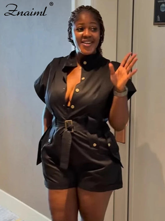 Znaiml Summer Wide Leg Pants Playsuits Rompers with Belt Women Jumpsuit Shorts Black Short Sleeve Elegant One Pieces Overslls