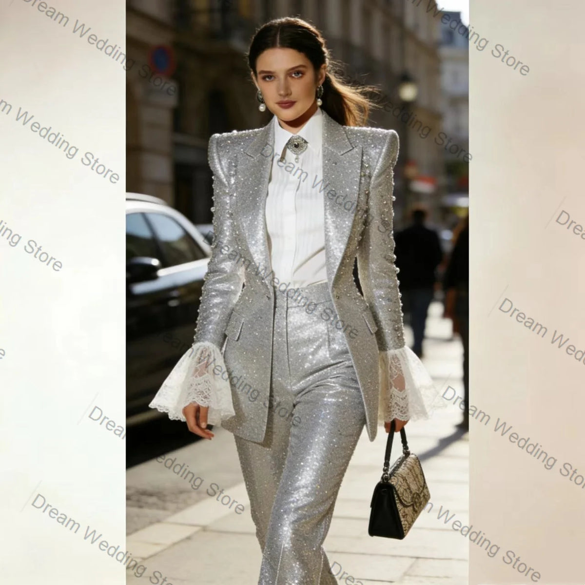 Classic Sequined Silver Two Piece Blazer And Pant Set For Women