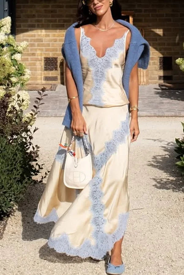See-Through Lace Patchwork Two Piece Set for Women