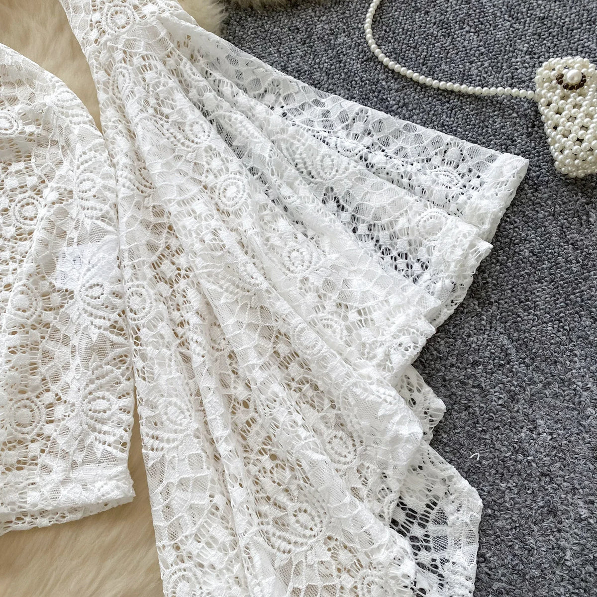 Sheer Lace V Neck Mini Dress With Flared Sleeves for Women