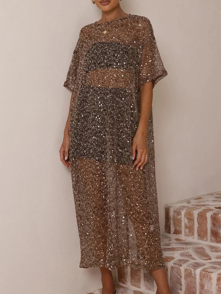 Casual Loose Hollowed Out Sequin Maxi Dress for Women