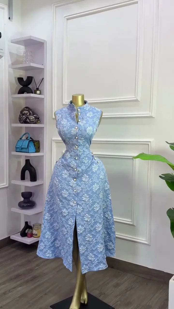 Elegant Sleeveless Stand Collar Midi Dress for Women