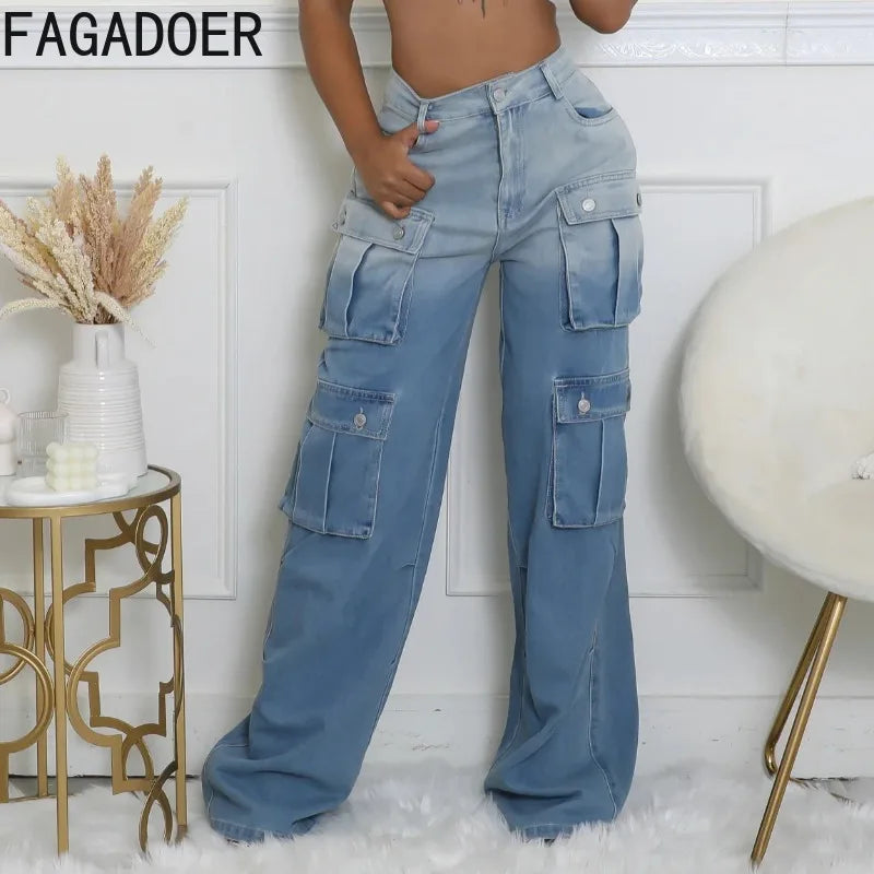 FAGADOER Fashion Gradient Denim Wide Leg Pants Women Summer New Cargo Pocket Patchwork Pants Female Streetwear Bottoms 2025