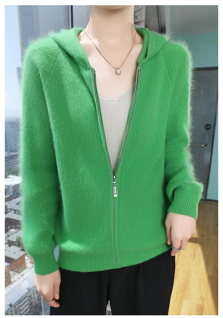 Loose Hooded Cashmere Knit Zipper Cardigan for Women