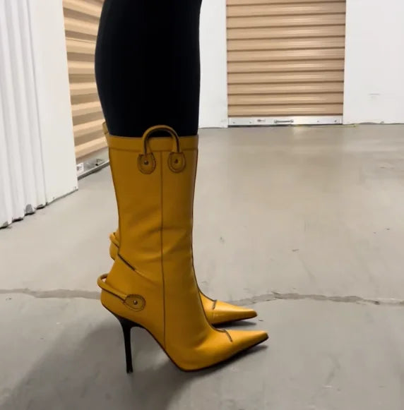 Elegant Yellow Leather Pointy Toe Knee High Boots for Women