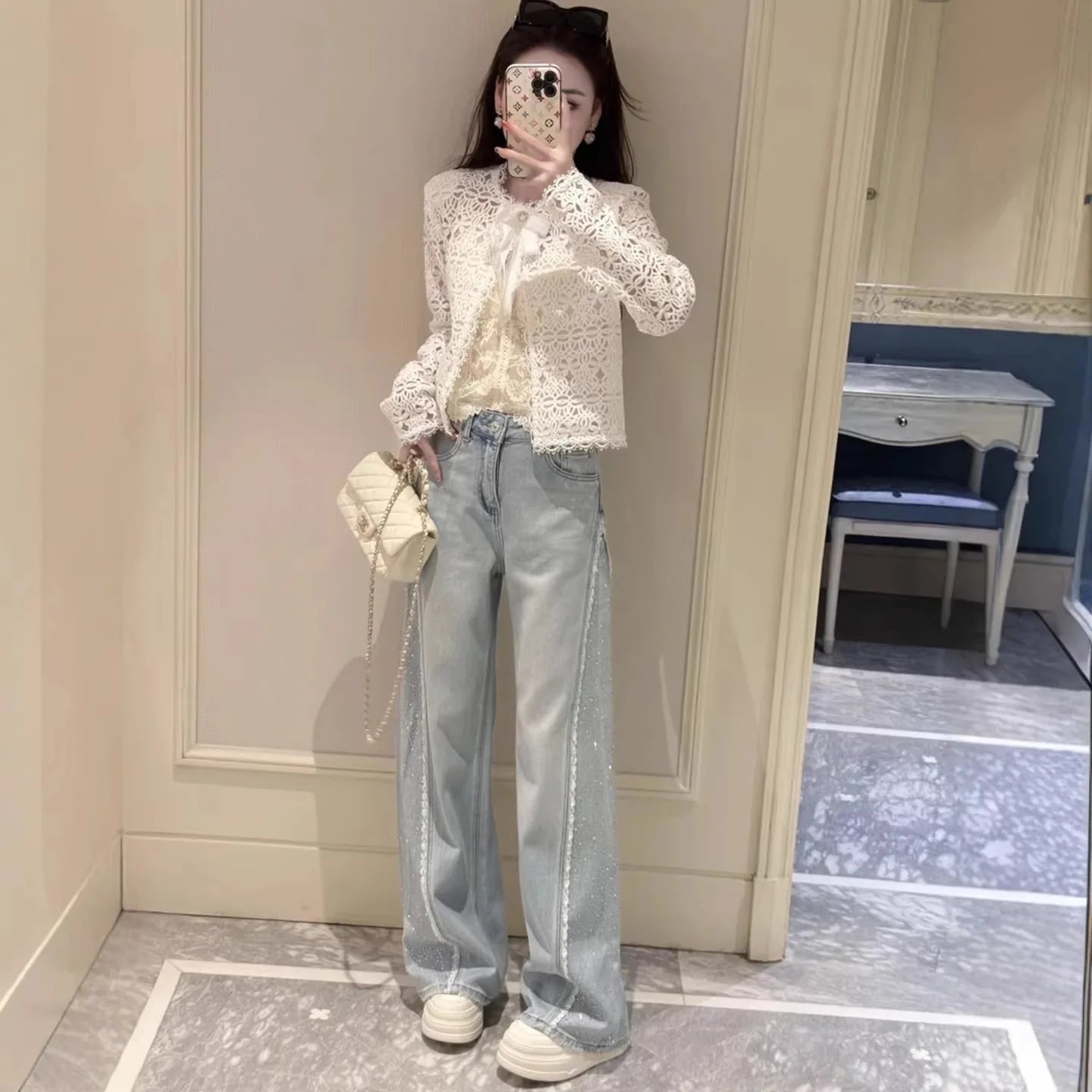 Rhinestone Embellished Washed Denim Straight Leg Jeans for Women