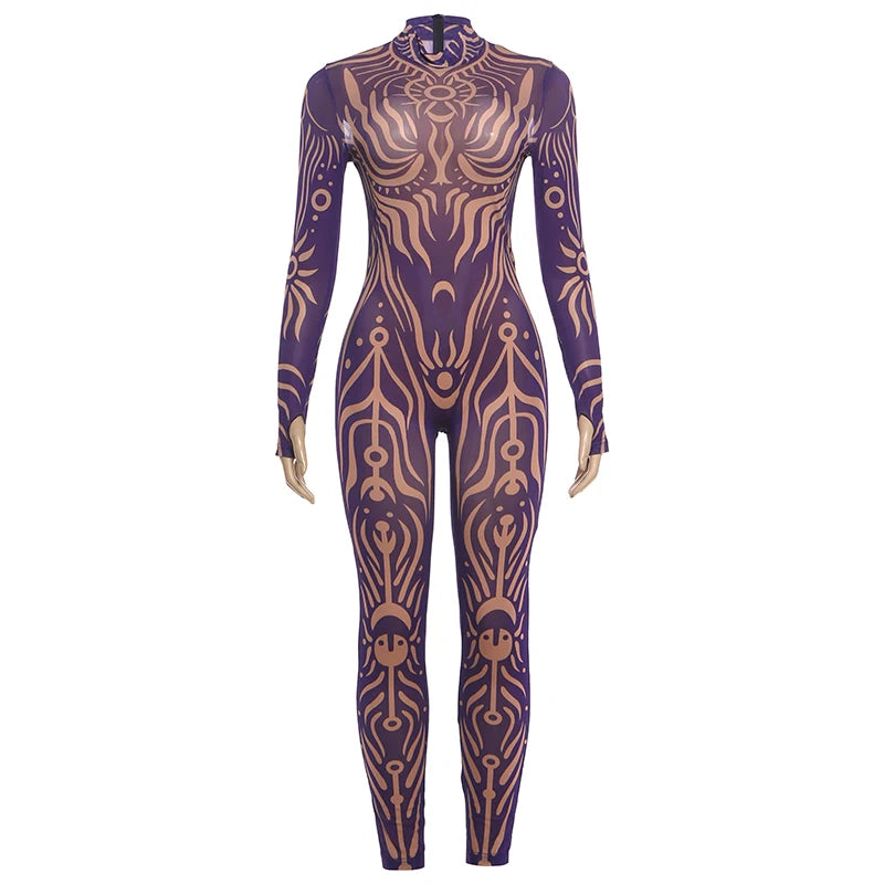Striped Stretch Turtleneck Long Sleeve Jumpsuit for Women