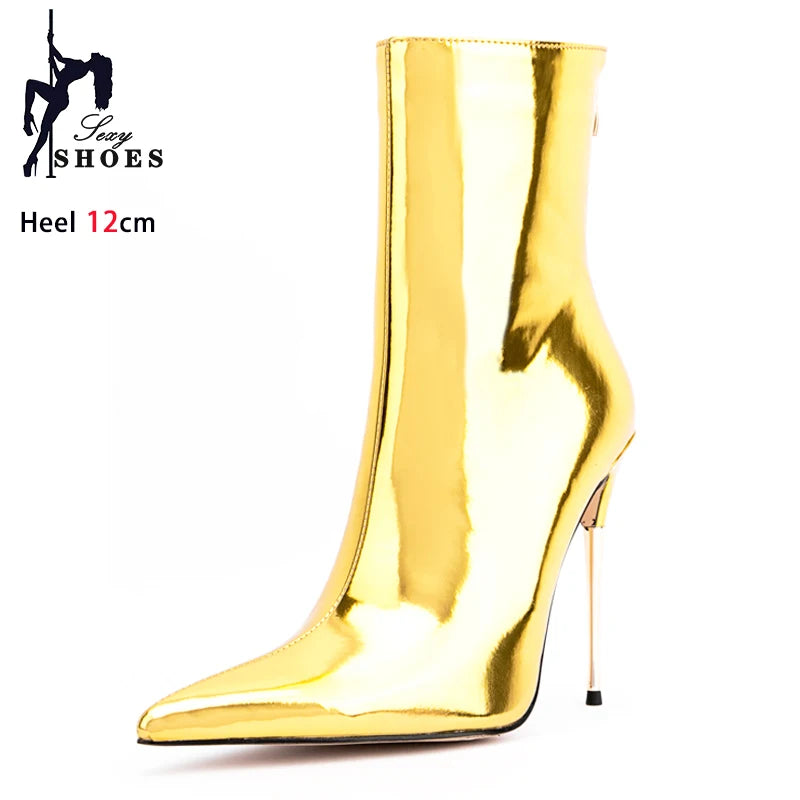 Shiny Blue Mirror Stiletto Boots with Side Zipper for Women