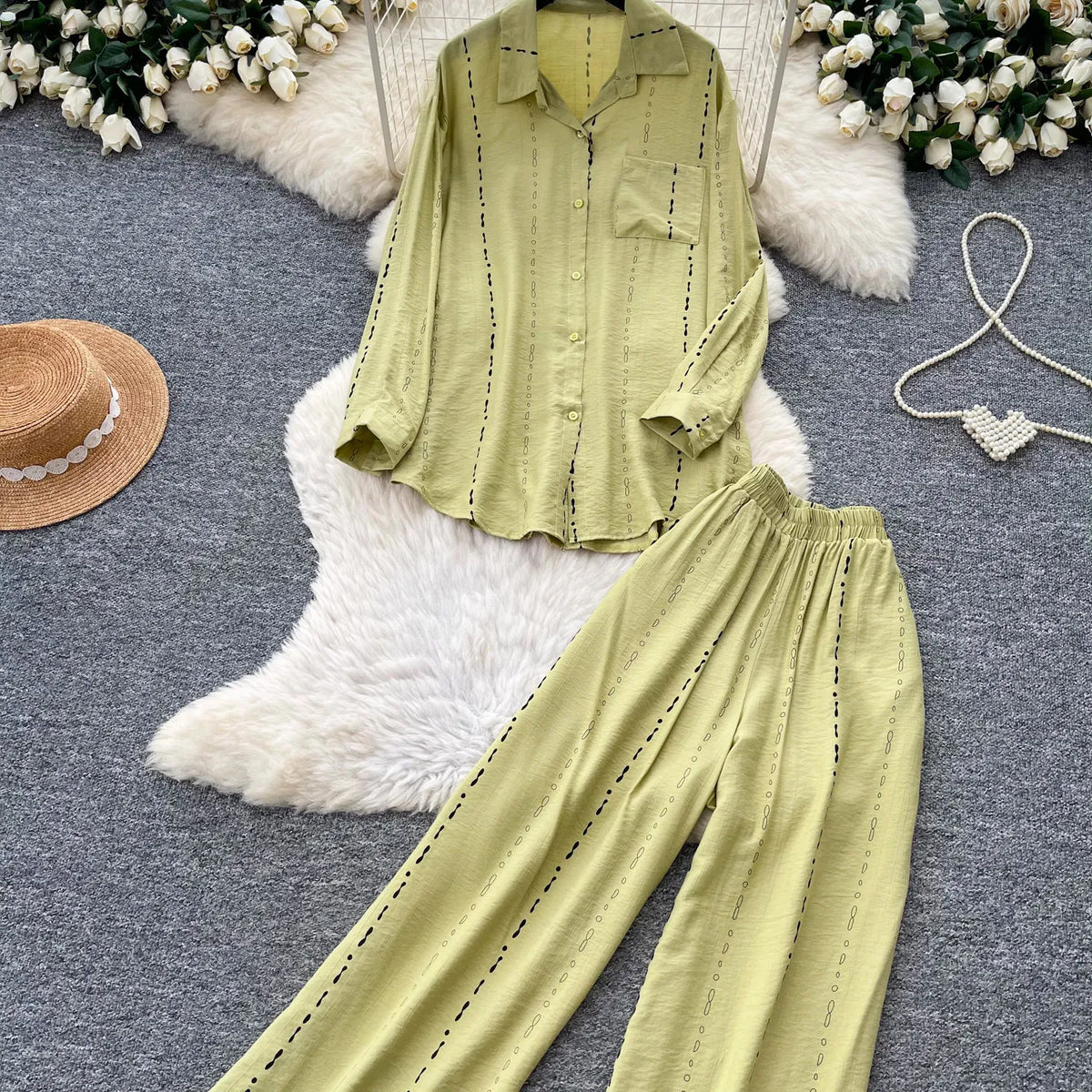 Collared Shirt and Wide Leg Pants Set