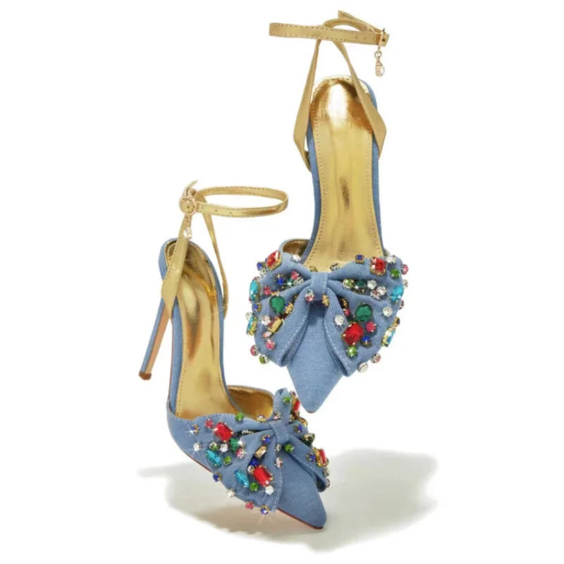 Crystal Rhinestone Bow Denim Pointed High Heel Sandals for Women