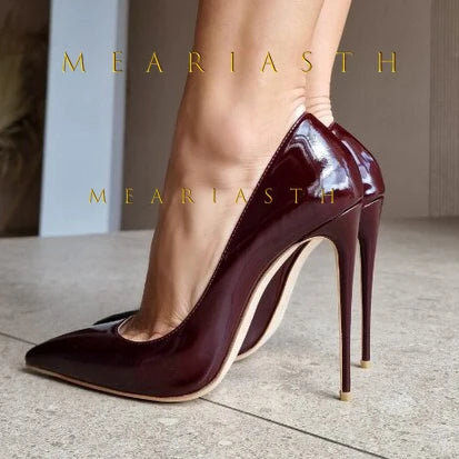 Red Patent Leather Pointed Toe Medium Heel Pumps for Women