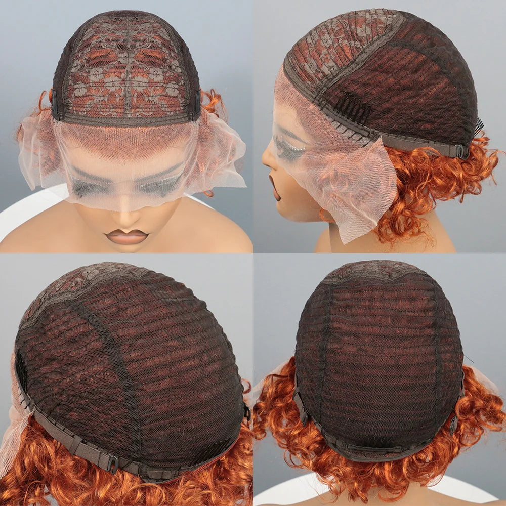 Ginger Pixie Cut Wigs Human Hair Short Curly Lace Front Human Hair Wigs Colored Water Wave Bob Wig 13x1 Transparent Lace Wigs