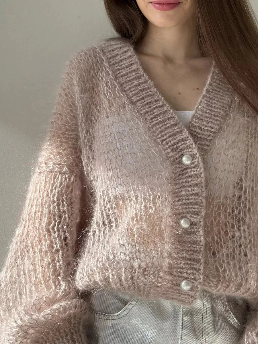 Loose Fit Open Knit V Neck Cardigan Sweater for Women