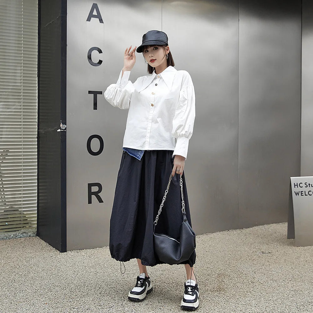 Casual Ankle-Length Spliced Denim with Contrast Color Skirt for Women