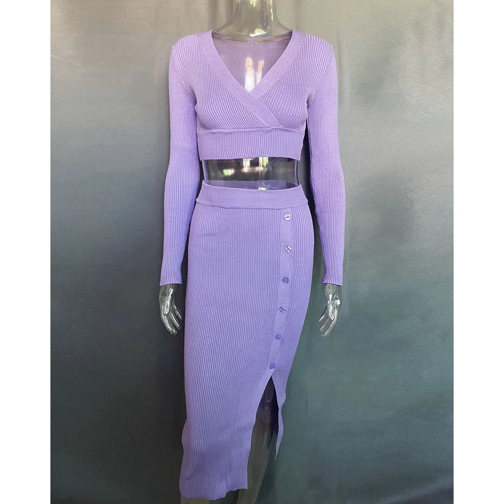 Casual Autumn Women V-Neck Long Sleeve Ribbed Knit Top & Button Slit Midi Skirt Set Slim Fit Two Pieces Dress Set