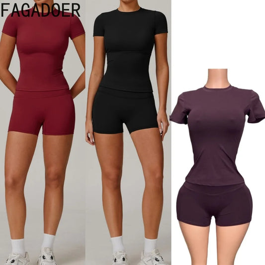 FAGADOER Casual Sport 2 Pieces Set for Woman Solid Color Shorts Sleeve Crop Top + Shorts Matching Female Streetwear Clothing New