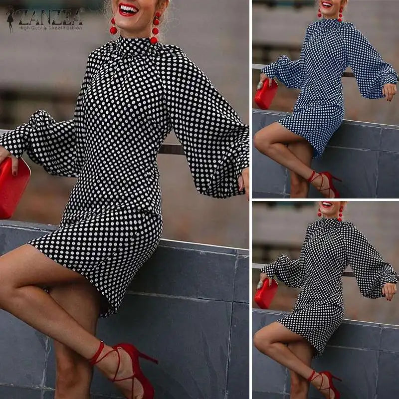 ZANZEA Bohemian Printed Vestidos 2024 Women Turtleneck Dresses Casual Zipper Mini Sundress Fashion Lantern Long Sleeve Robe