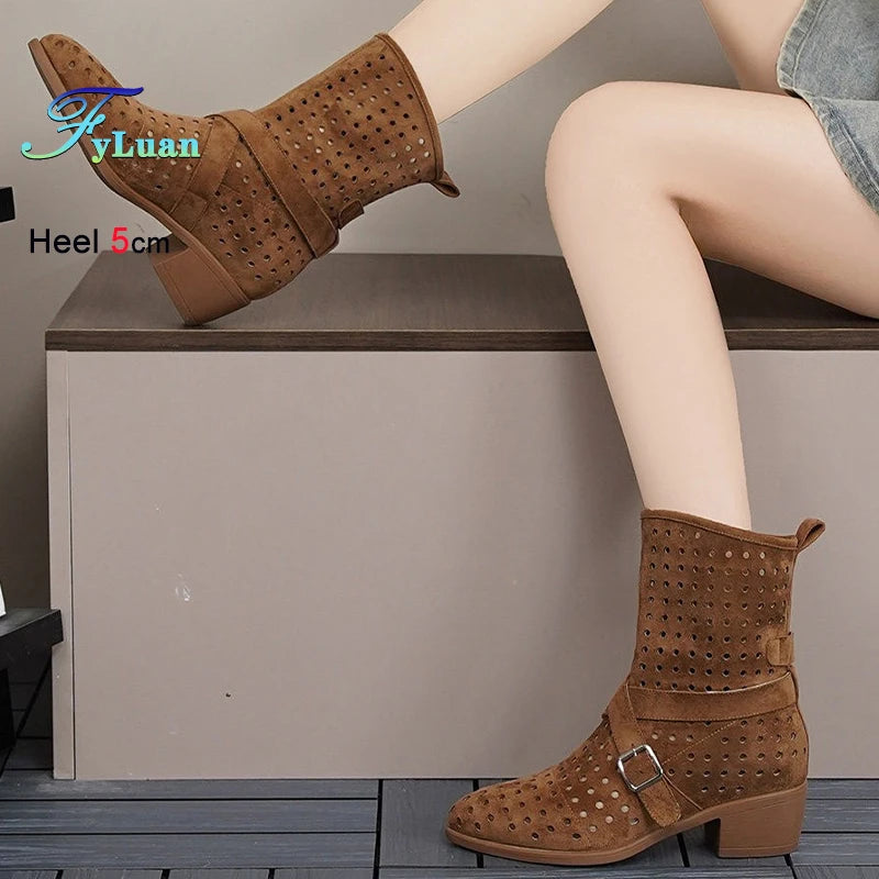 Brown Suede Western Cowboy Boots With Belt Buckle And Pointed Toe for Women