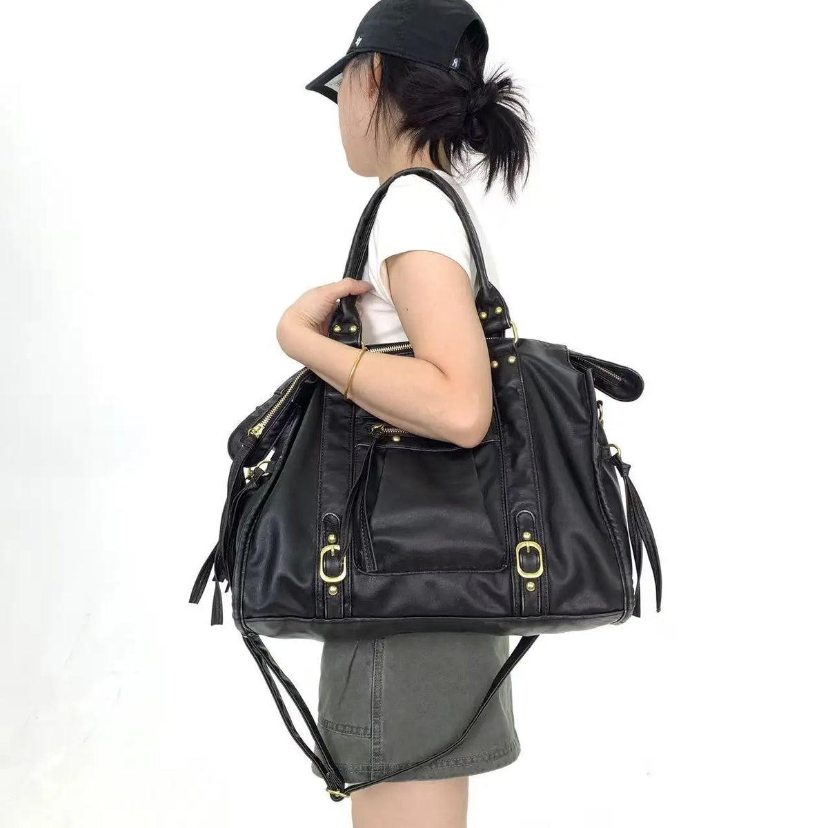 Retro Multi-Pocket Motorcycle Shoulder Bag for Women