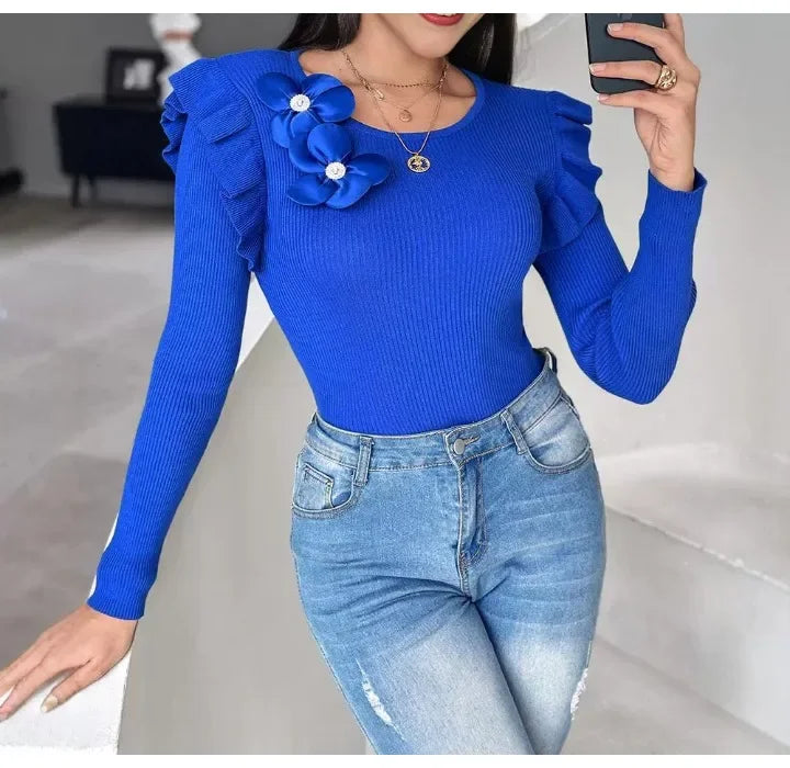 Long Sleeve Knit Tops Women Streetwear Solid Color Round Neck Floral Pattern Spliced Ruffle Hem Pit Striped Sweaters 2024 Autumn