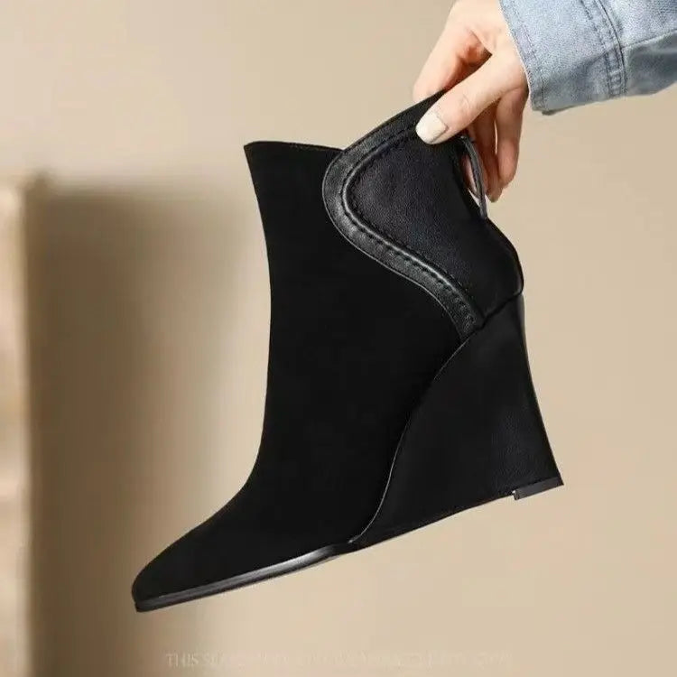 Vintage Pointed Toe Wedge Ankle Boots With Back Zipper For Women