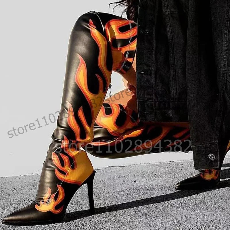 Mixed Color Totem Print Pointed Toe Thigh High Boots For Women