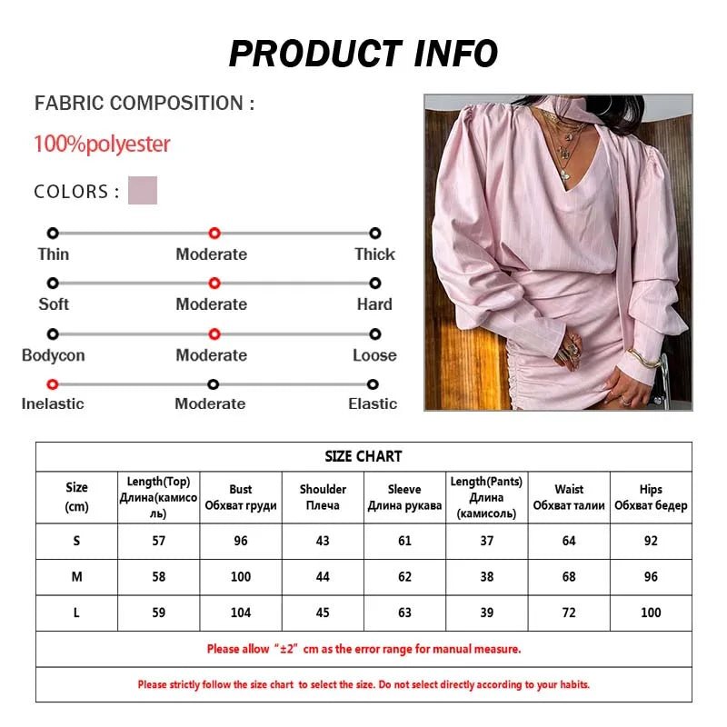 Oymimi Casual Pink 2 Piece Sets Woman Outfits Fashion V-Neck Lace-Up Long Sleeve Blouses And High Waist Slim Mini Skirts Sets