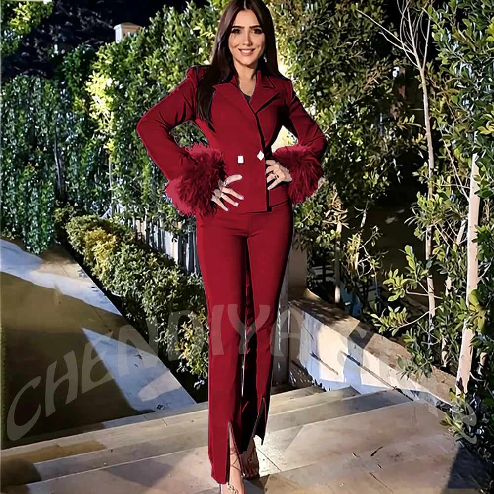 Luxury Feather Women's Suit Sim Fit Peak Lapel Jacket Pants with Split Fashion Outfit for Office Lady Party Business Wear