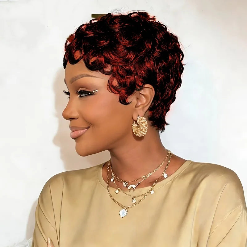 Short Curly Layered Pixie Human Hair Wig With Bangs for Women