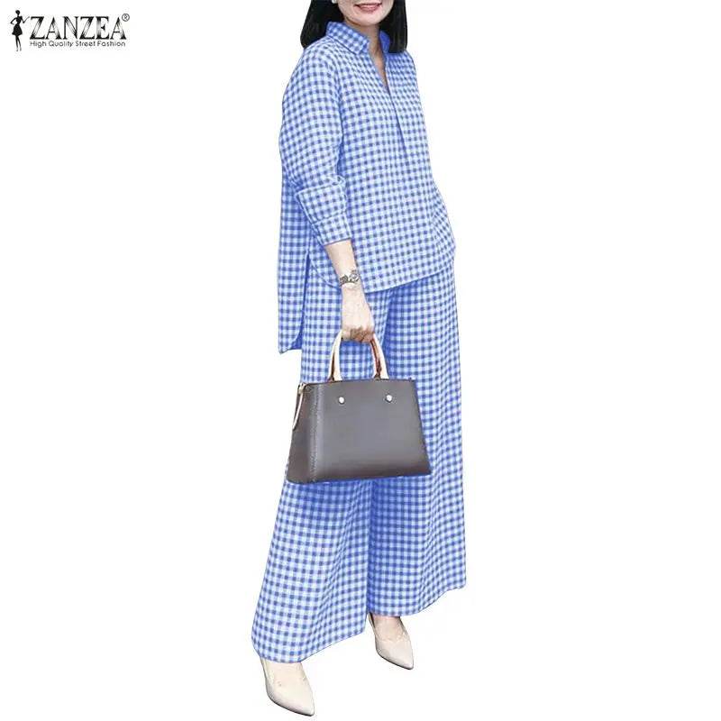 Gingham Blouse And Wide Leg Pants Set