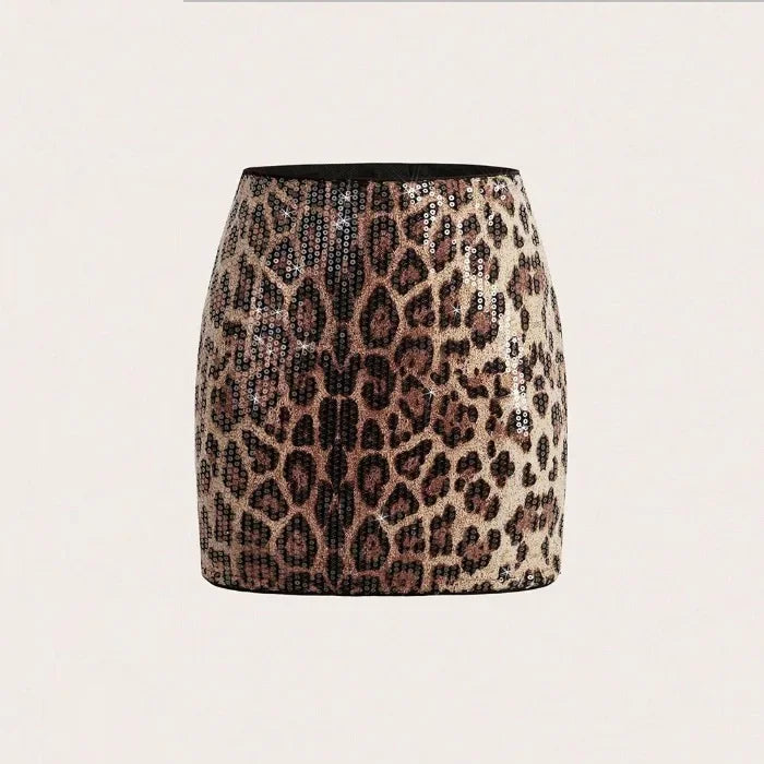 Short Dresses Woman Summer 2025 New Streetwear Fashionable and Versatile Shiny Sequin Half Skirt Leopard Print Dress Female