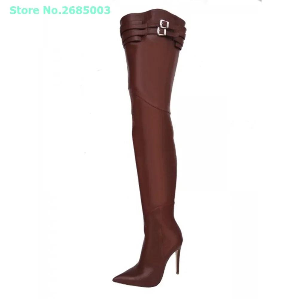 Pointed Toe Solid Leather Over The Knee Boots For Women